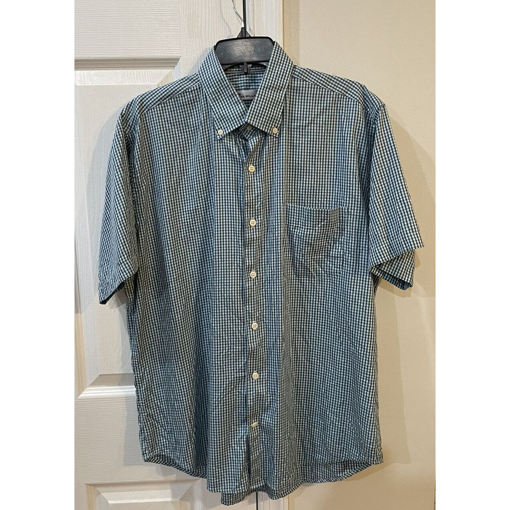 Peter Millar Men's Short Sleeve Button Down Sz L Silk Cotten Blend Blue Checkers - Picture 1 of 7